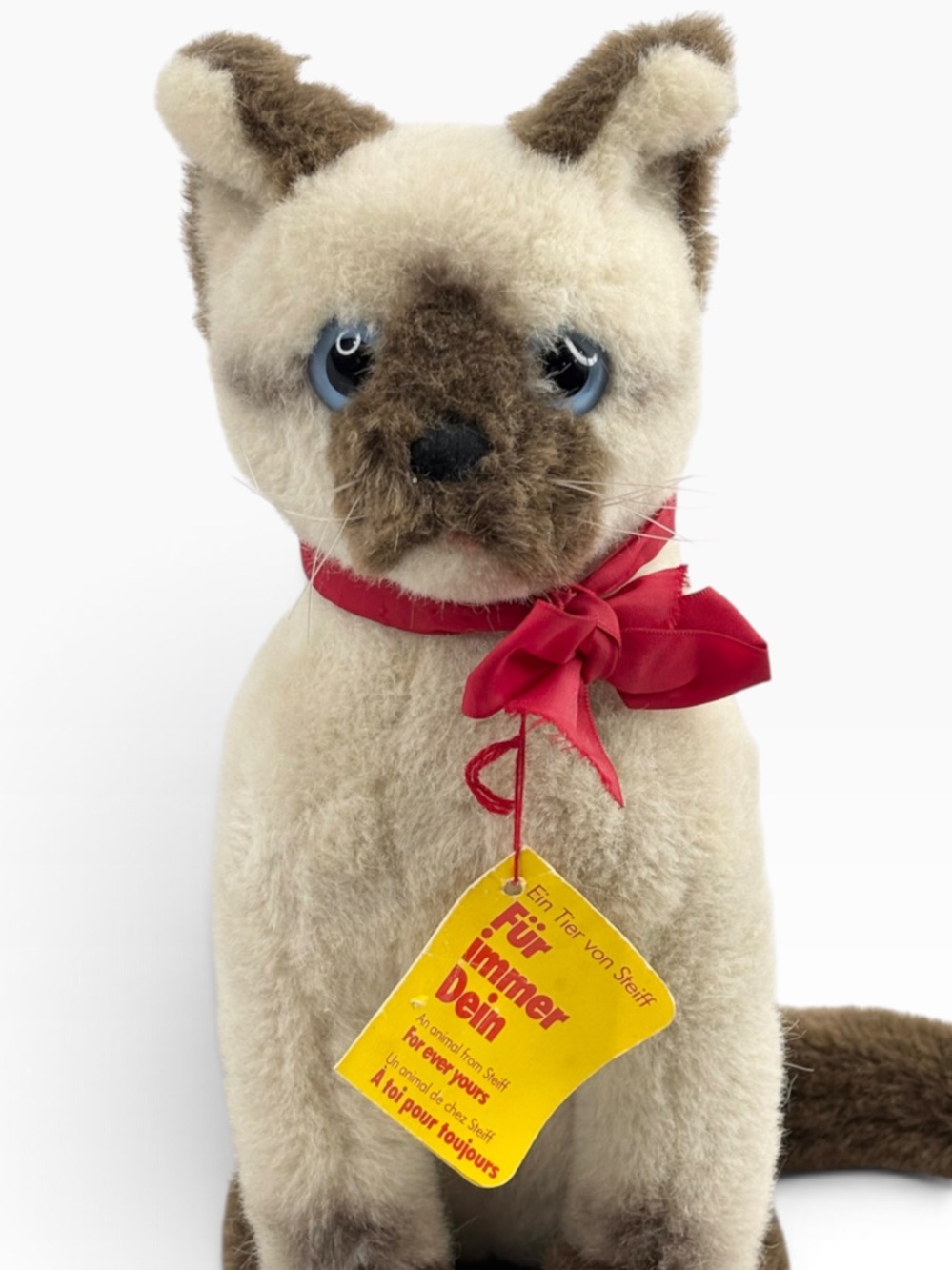 Vintage Steiff Mohair Sitting 10” Tall Cream Brown Siamese Cat Blue Eyes Red Bow - Picture 12 of 12
